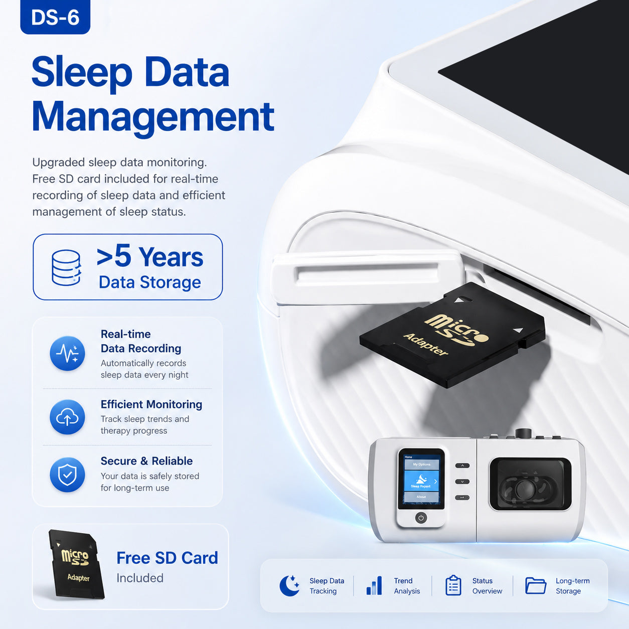 Auto CPAP Machine Featuring Heated Humidifier Whisper Quiet Performance Leak Compensation and Smart Sleep Reports DS-6