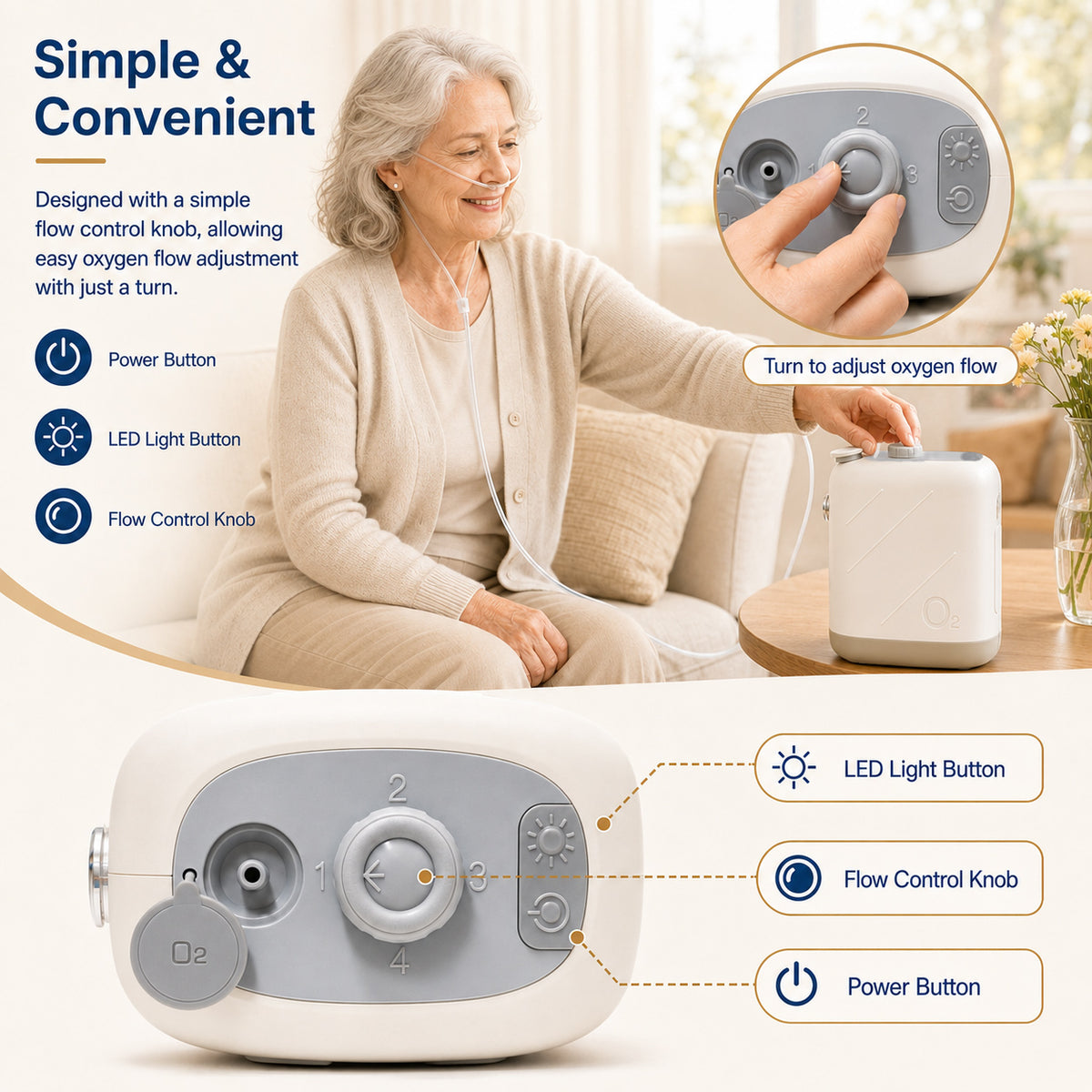 Small Portable 2L Continuous Flow Oxygen Concentrator with Low Noise and 2-Hour Long-life Battery for 24/7 Continuous Work Home Travel Use ROV-02