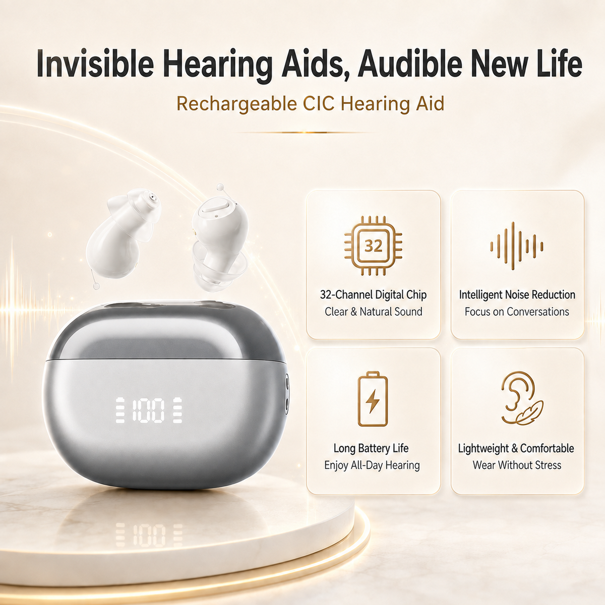 Compact and Lightweight CIC Hearing Aids with 32-Channel Smart Chip UV Sterilization and 3 Listening Modes GM-955