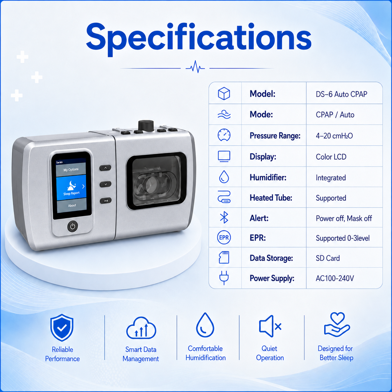 Auto CPAP Machine Featuring Heated Humidifier Whisper Quiet Performance Leak Compensation and Smart Sleep Reports DS-6