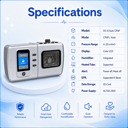 Auto CPAP Machine Featuring Heated Humidifier Whisper Quiet Performance Leak Compensation and Smart Sleep Reports DS-6