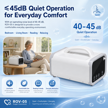 Up To 93% Purity 1-5L Continuous Flow Portable Oxygen Concentrator With Long Battery Life 24/7 Work for All Night Use ROV-05