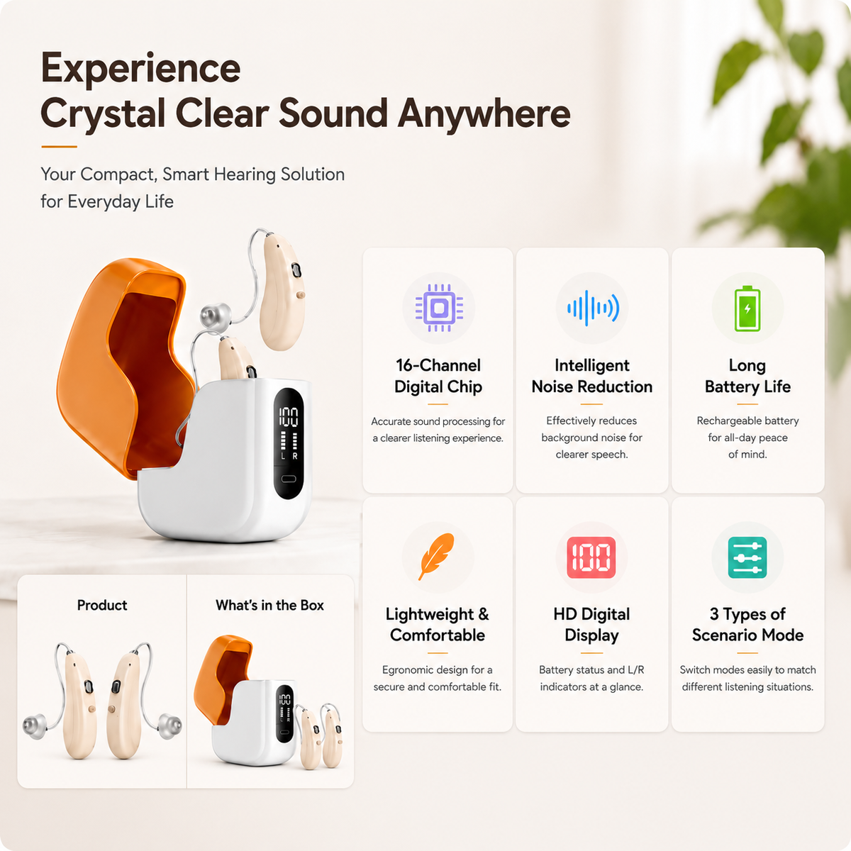 Smart Hearing Aids for Adults Seniors with Digital Chip Clear Sound Noise Reduction and Rechargeable Charging Case OTC GM-313