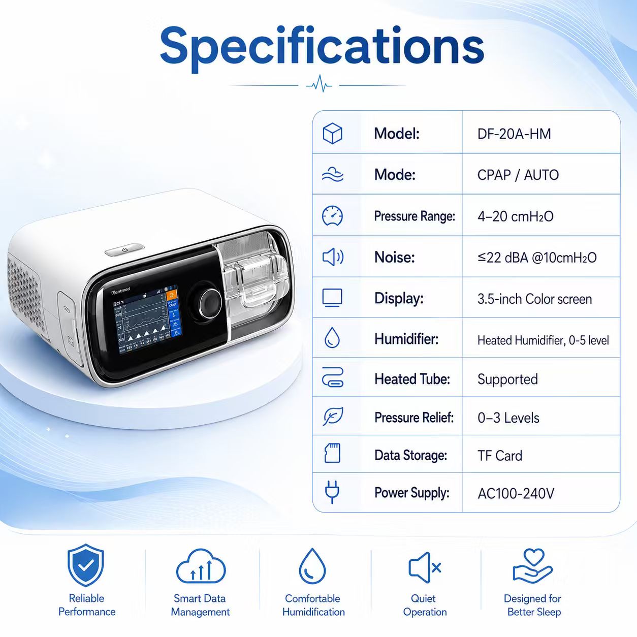 Smart Auto CPAP Machine With Adaptive Pressure Control Heated Hose And Bluetooth Connectivity DF-20A-HM